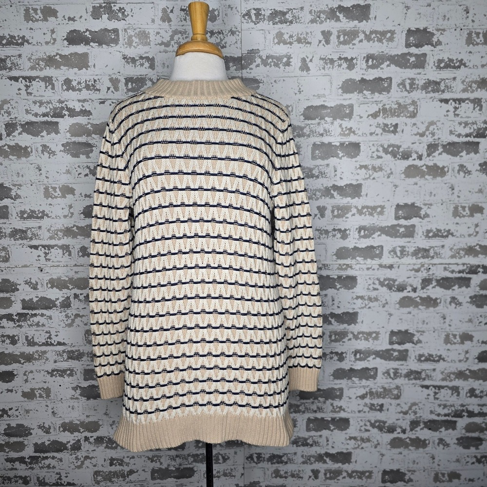Talbots Textured Geometric Striped Longline Crewneck Sweater Cream Navy Chunky L